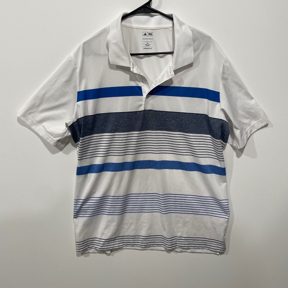 Adidas Puremotion Golf Polo Shirt Men's XL White Blue Striped‎ Short Sleeve